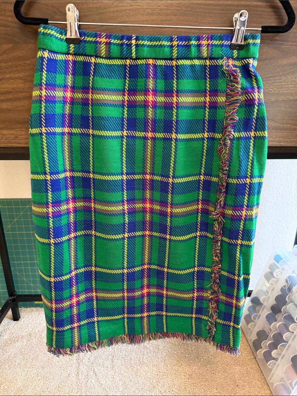 Green Plaid Fringe Pencil Skirt